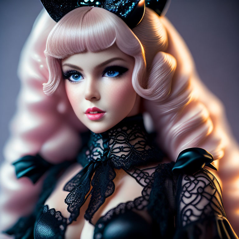 Detailed Close-Up of Doll with Blue Eyes & Pink Curly Hair in Black Lace Outfit