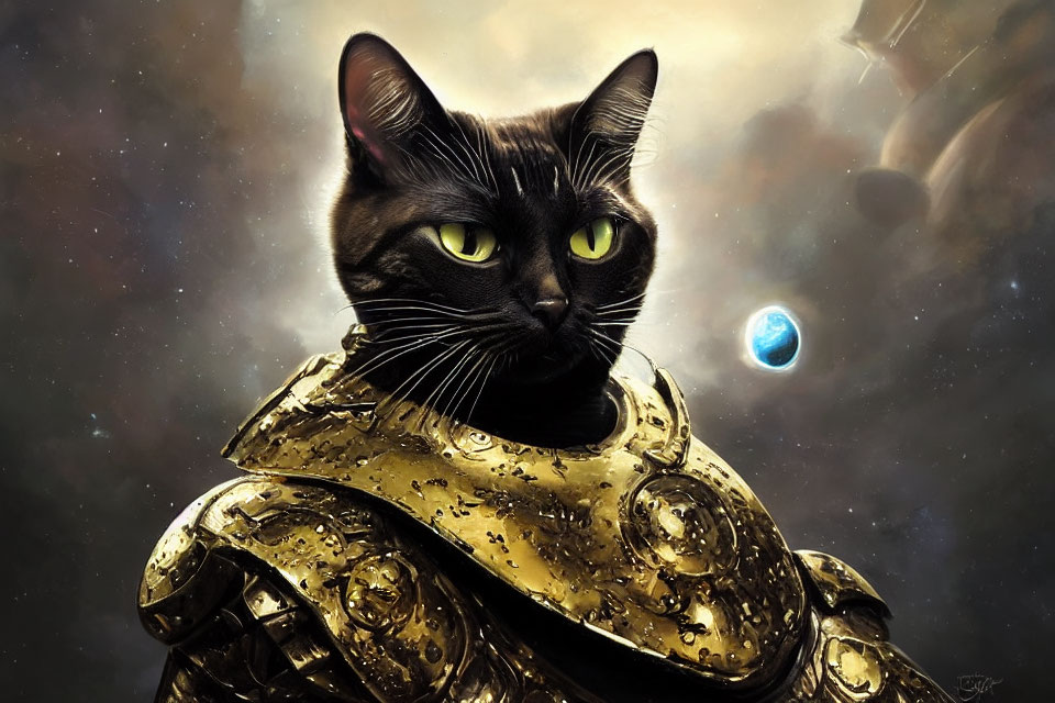 Black cat in golden armor against cosmic nebula.