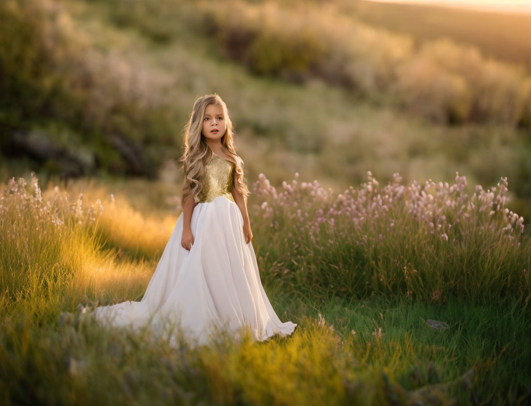 Young girl in white gown in sunlit field setting