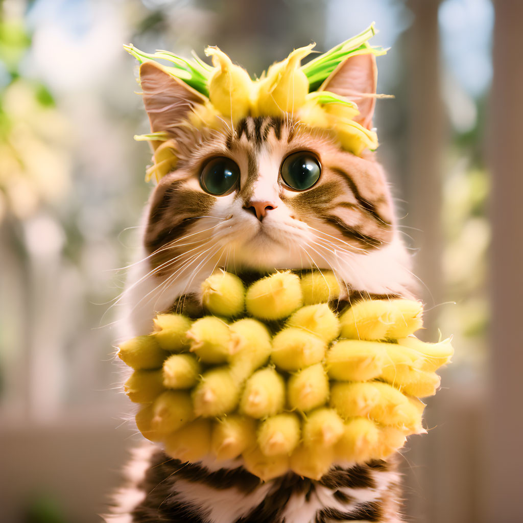 Whimsical Cat with Banana Headpiece in Cheerful Setting