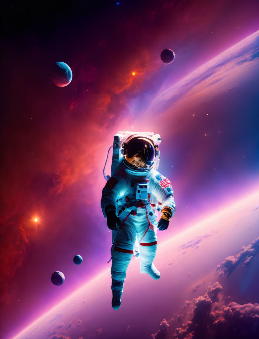 Astronaut floating in space with vibrant nebula and planets in background.