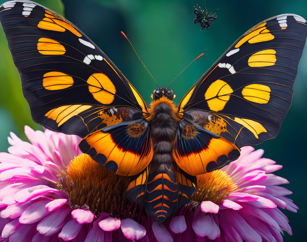 Colorful Butterfly on Pink Flower with Flying Insect