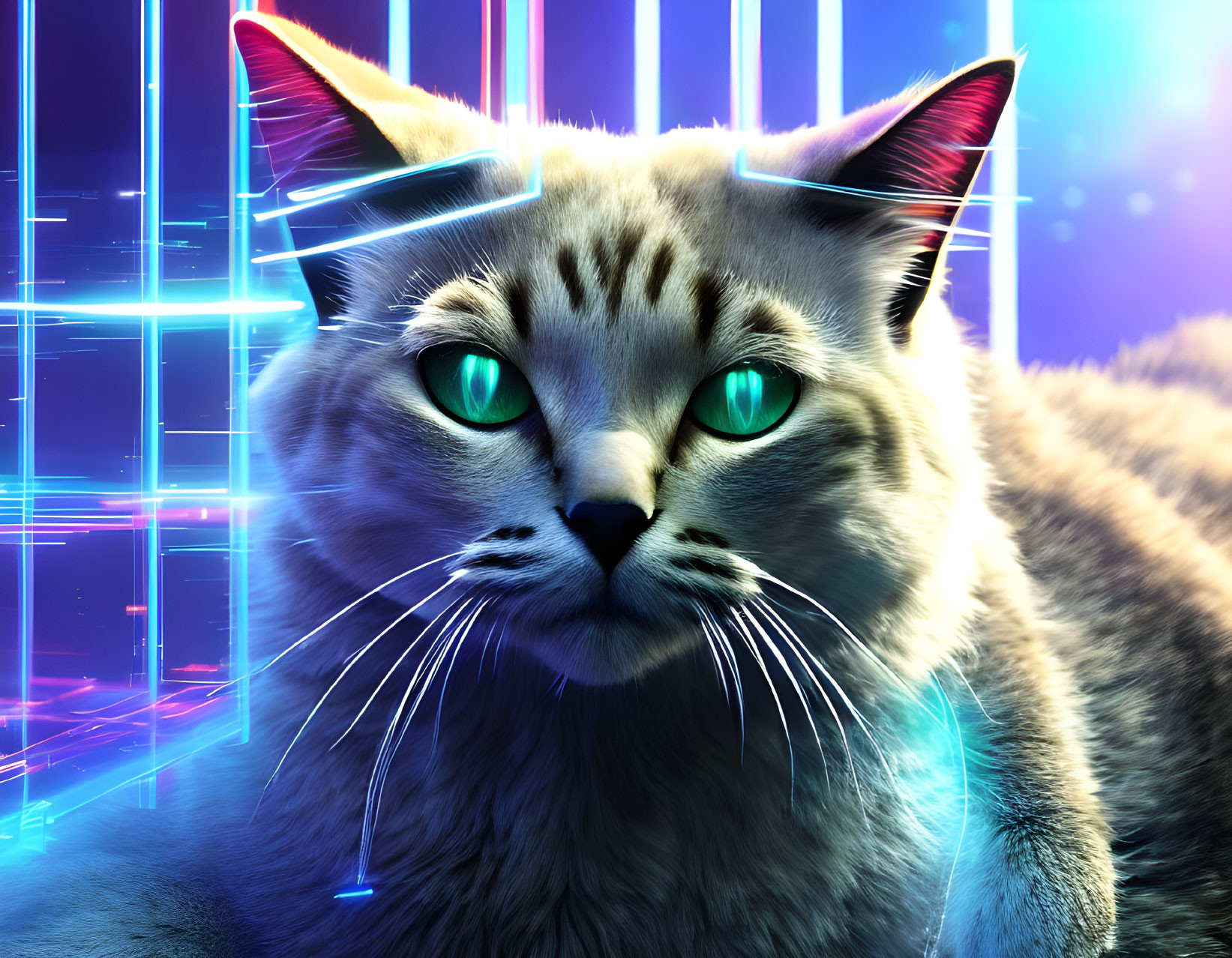 Digital Artwork: Glowing Green-Eyed Cat on Neon Background