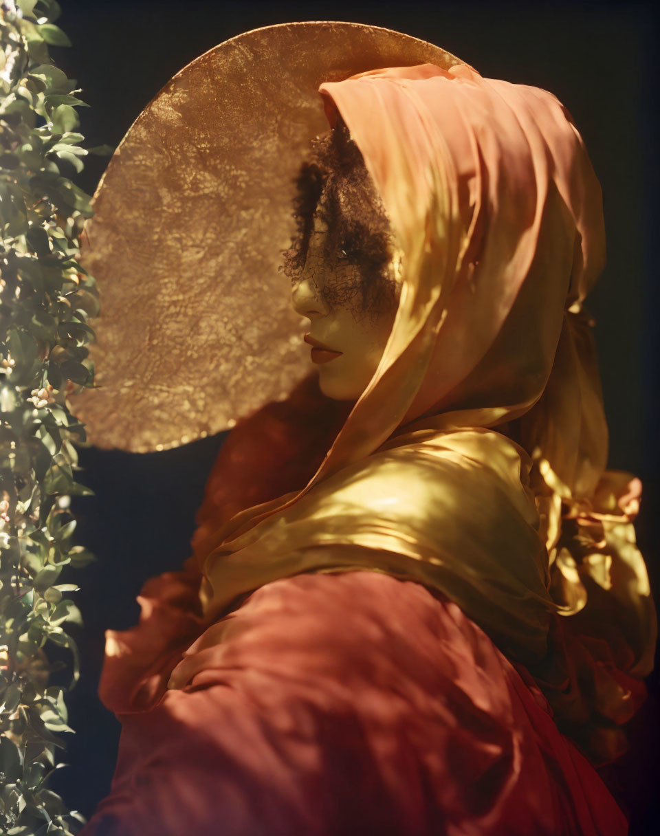 Elegant Figure in Vibrant Dress and Ornate Hat