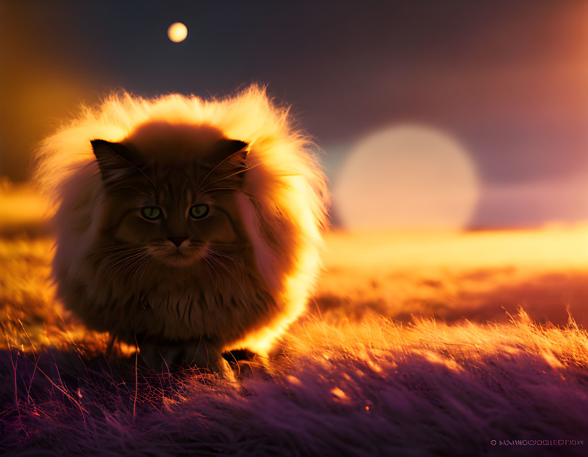 Majestic Cat in Surreal Sunset Landscape