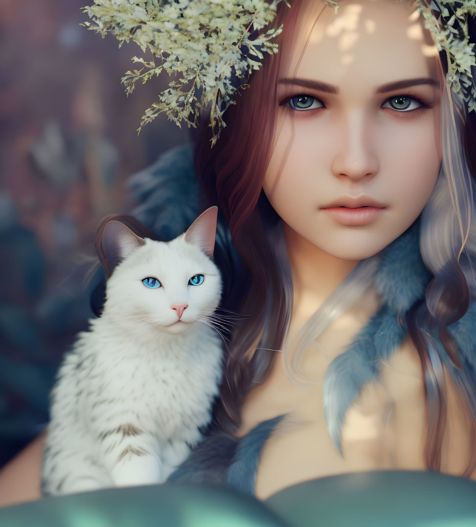 Serene portrait of a woman and a fluffy white cat