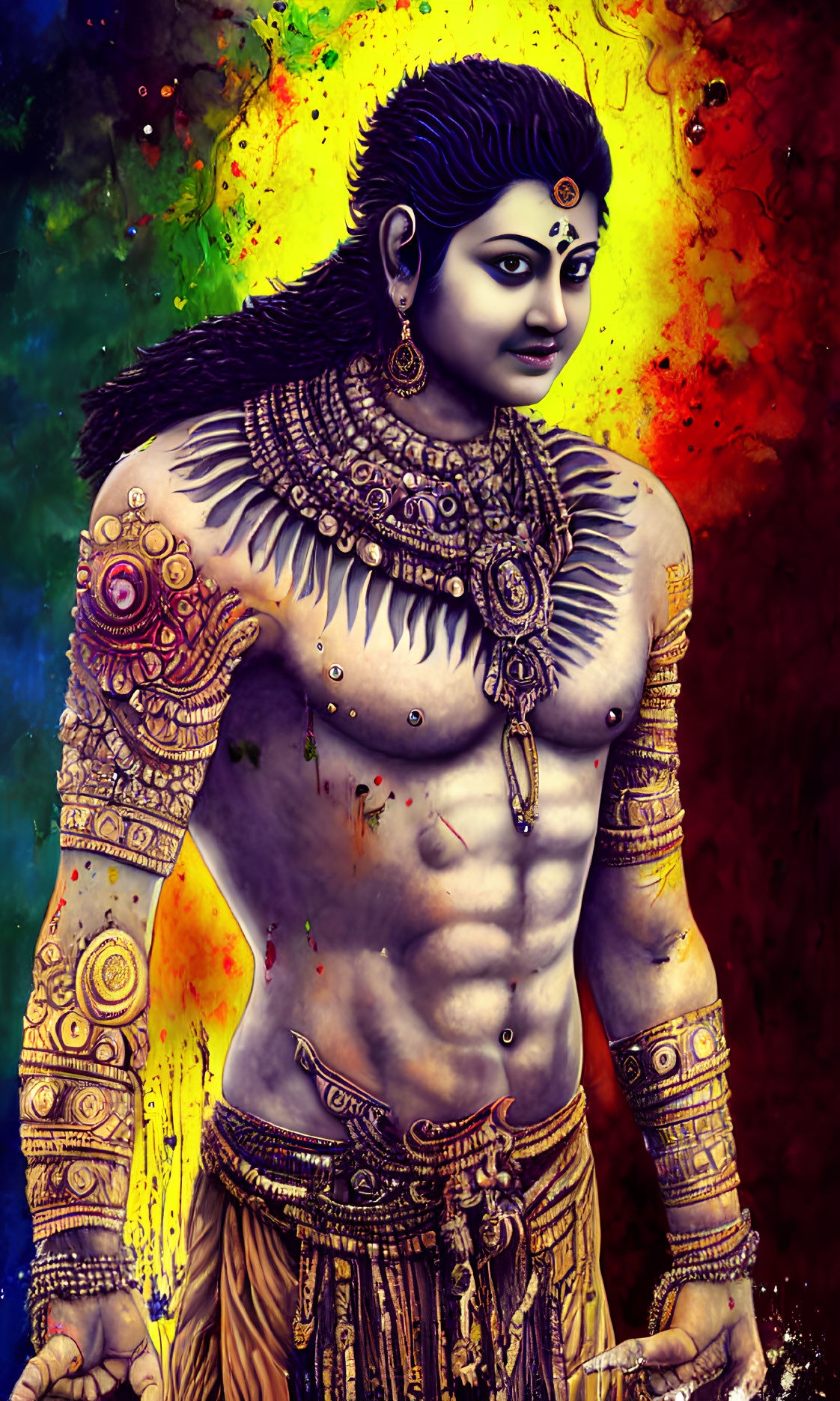 Muscular Figure in Ornate Attire with Vibrant Background