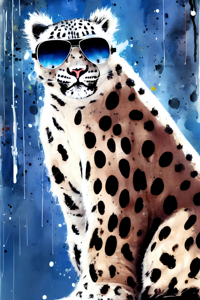 Snow leopard with sunglasses in front of blue paint splatters