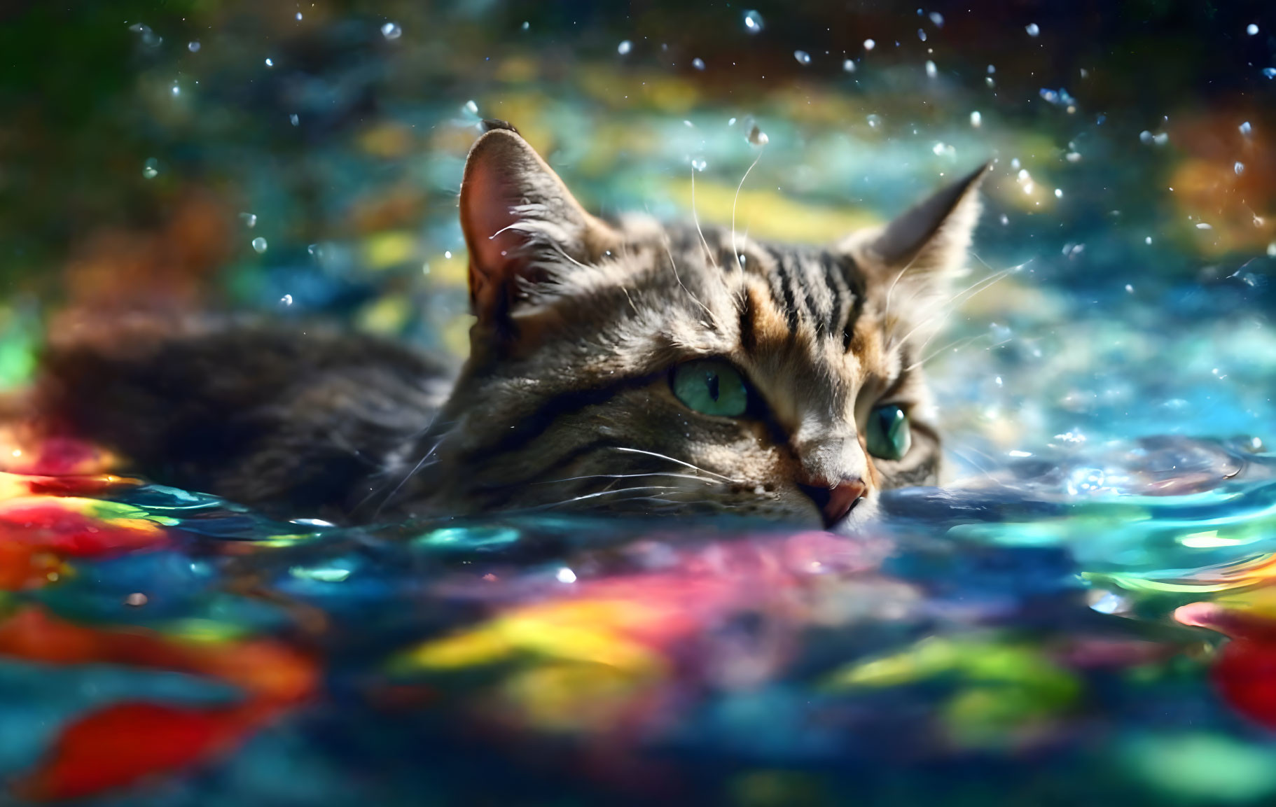 Tabby Cat with Green Eyes in Shimmering Water and Colorful Reflections