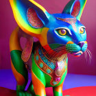 Colorful Cat Sculpture with Bold Hues and Patterns