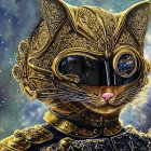 Golden Cat in Futuristic Helmet Against Cosmic Background