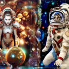 Futuristic Humanoid and Astronaut Cat in Cosmic Scenes