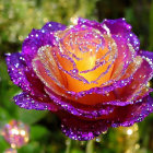 Vibrant orange rose with dewdrops on petals against green backdrop and bokeh effect