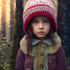 Serious child in multicolored hat and burgundy coat in misty forest