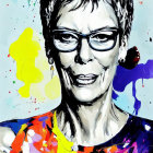 Colorful portrait of bespectacled woman with short hair and expressive brush strokes