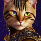 Whimsical Cat Artwork with Multicolored Eyes and Armor