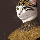 Regal Cat in Ornate Golden Armor with Majestic Headpiece