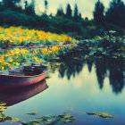 Wooden Boat on Tranquil Water Surrounded by Flowers