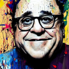 Vibrant painted portrait of a smiling person with glasses