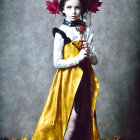 Young girl in yellow dress with autumn leaves backdrop