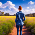 Red-haired woman in denim jacket walking through vibrant yellow flower field