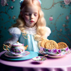 Blonde Girl in Vintage Outfit with Teapot and Cookies