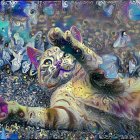 Whimsical cat with butterflies in celestial artwork