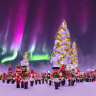 Whimsical Winter Scene with Toy Soldiers and Northern Lights