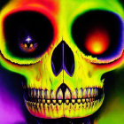 Colorful skull digital artwork on cosmic background with eye-like planet