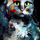 Colorful Abstract Cat Art with Yellow Eyes on Dark Background