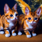 Orange Tabby Kittens with Blue Eyes Among Yellow Flowers on Dark Background