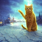 Orange Cat in Snowy Dusk Landscape with Village and Starry Sky