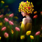 Person wearing vibrant flower crown surrounded by lush flowers