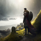 Majestic warrior in red cloak on grassy cliff overlooking misty sea