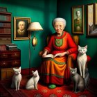 Woman in red dress and glasses with multiple cats in vintage room with teal wall and antique furniture.