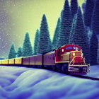 Vintage Train in Snowy Forest with Pine Trees