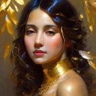 Serene woman portrait with gold accessories and leaves.