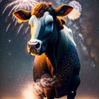 Cow in Cosmic Background with Fireworks Display