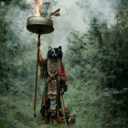 Tribal figure in wolf mask with staff and flaming cauldron in misty forest