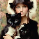 Young girl with green eyes and black and white cats