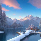 Winter Landscape with Snow-Capped Mountains and Lake