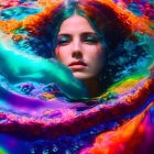 Person submerged in vibrant, swirling iridescent colors