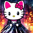 Gothic Hello Kitty in fiery tree backdrop & futuristic city