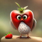 Cute Bird-Like Animated Character with Strawberry Body and Leafy Wings