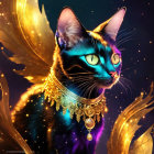 Majestic Black Cat with Shimmering Collar and Wings