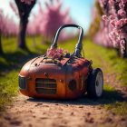 Car-shaped lawnmower under pink blossoming trees on lush grass pathway