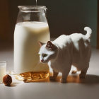 White Cat Inspects Glass Jug Filled with Milk