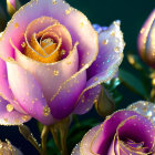 Close-up of Vibrant Purple and White Roses with Dew