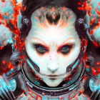 Close-up of person with celestial patterns on face in futuristic spacesuit.