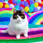 Black and white cat on rainbow rug with balloons